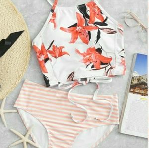 New High Neck Floral Striped Bikini